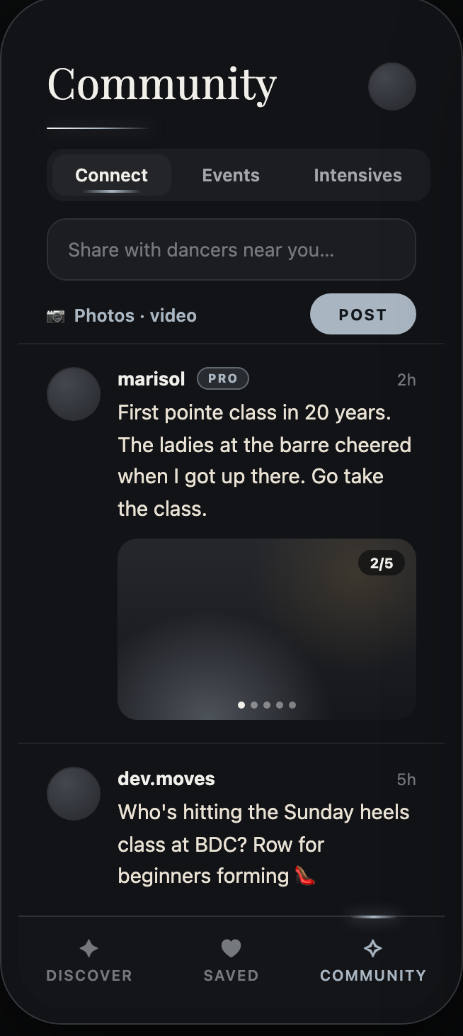 Choreosophy's community feed with posts from dancers nearby