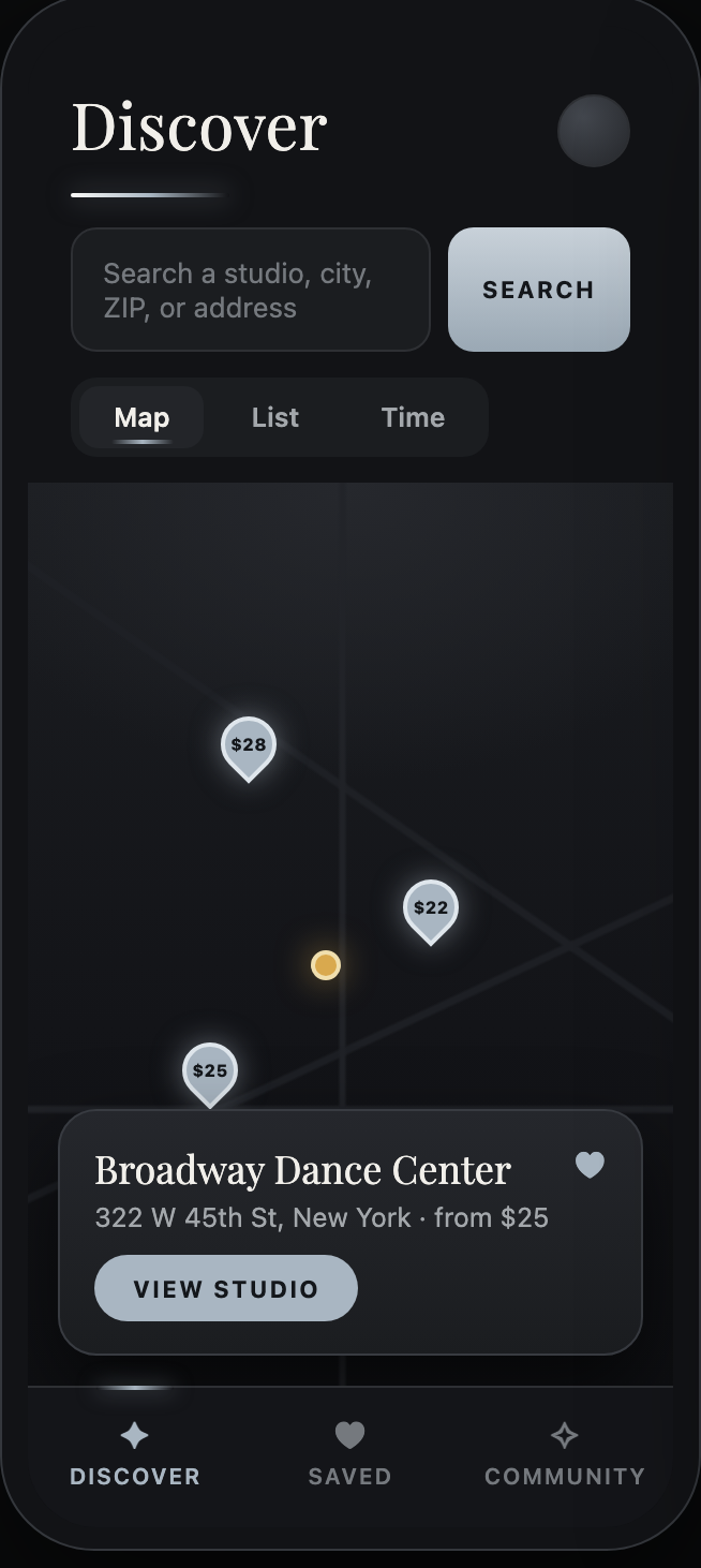 Choreosophy's map of dance studios, each pin showing its drop-in price